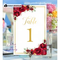 Red Roses Table Numbers printable template, (16w)